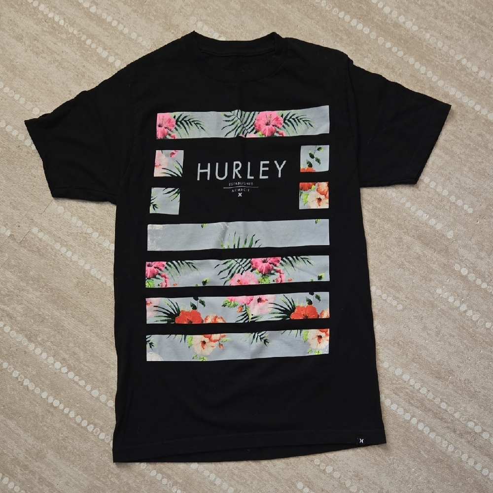 Hurley Black Tee with Floral Stripes